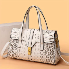 Crocodile Embossed Handbag Turn Lock Satchel Bag Faux Leather Shoulder Bag
