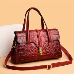 Crocodile Embossed Handbag Turn Lock Satchel Bag Faux Leather Shoulder Bag