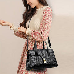 Crocodile Embossed Handbag Turn Lock Satchel Bag Faux Leather Shoulder Bag