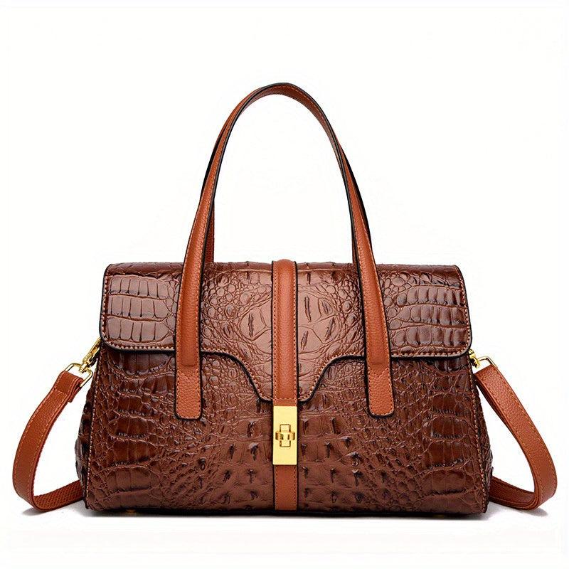 Crocodile Embossed Handbag Turn Lock Satchel Bag Faux Leather Shoulder Bag