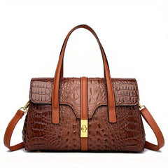 Crocodile Embossed Handbag Turn Lock Satchel Bag Faux Leather Shoulder Bag