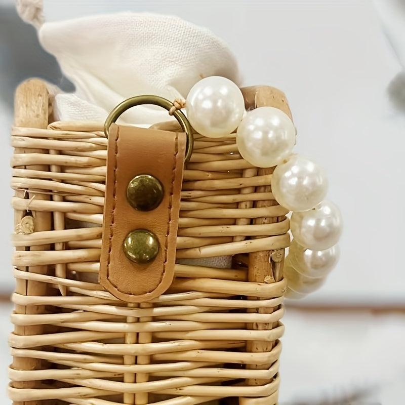 Vintage Rattan Tote Bag with Pearl Handle for Beach Wedding