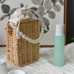 Vintage Rattan Tote Bag with Pearl Handle for Beach Wedding