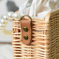 Vintage Rattan Tote Bag with Pearl Handle for Beach Wedding