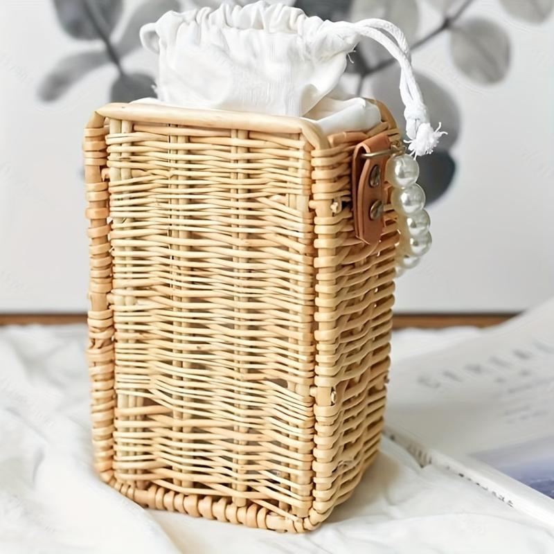 Vintage Rattan Tote Bag with Pearl Handle for Beach Wedding