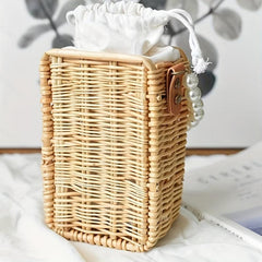 Vintage Rattan Tote Bag with Pearl Handle for Beach Wedding