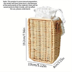 Vintage Rattan Tote Bag with Pearl Handle for Beach Wedding