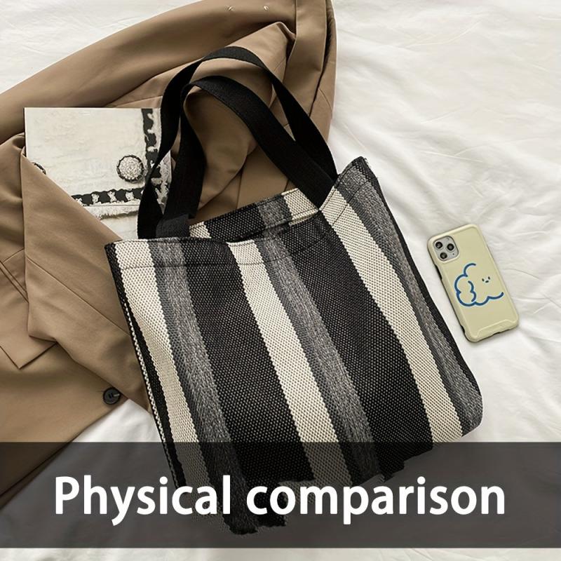 Striped Pattern Canvas Shoulder Bag Large Capacity Handbag