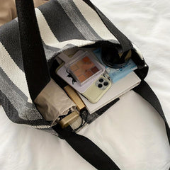 Striped Pattern Canvas Shoulder Bag Large Capacity Handbag