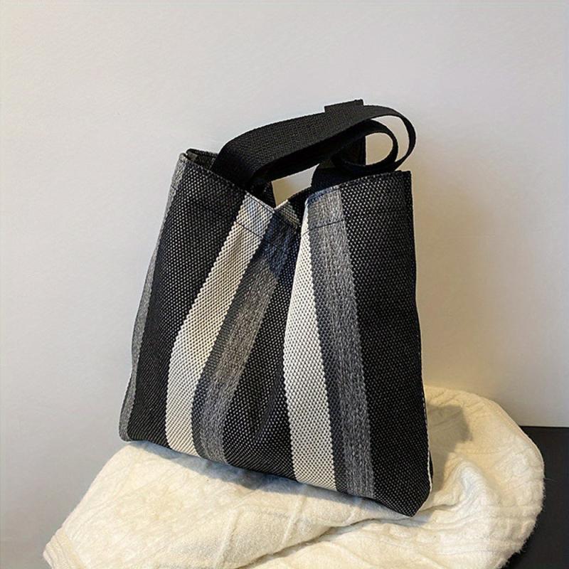 Striped Pattern Canvas Shoulder Bag Large Capacity Handbag