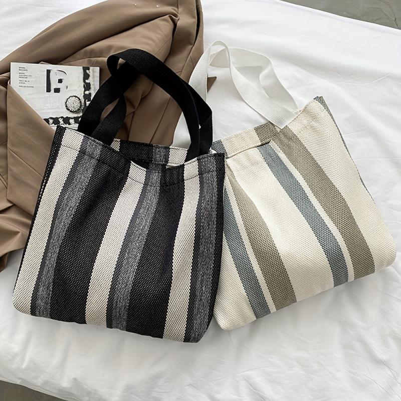 Striped Pattern Canvas Shoulder Bag Large Capacity Handbag