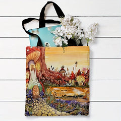 Mushroom Forest Print Canvas Shoulder Bag Lightweight Storage Bag
