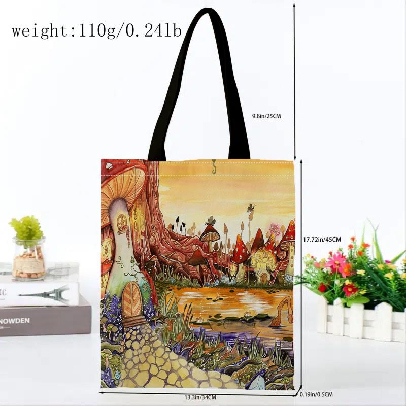 Mushroom Forest Print Canvas Shoulder Bag Lightweight Storage Bag