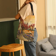 Mushroom Forest Print Canvas Shoulder Bag Lightweight Storage Bag