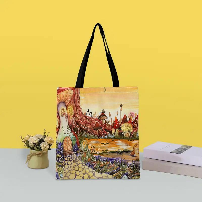 Mushroom Forest Print Canvas Shoulder Bag Lightweight Storage Bag