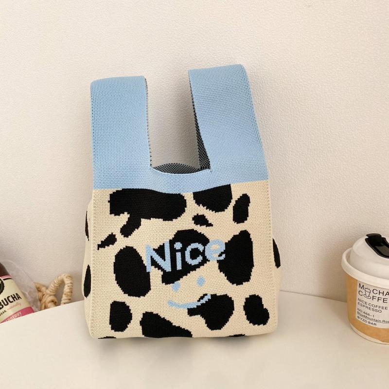 Cow Pattern Handbag Knitted Wrist Bag Flower Tote for Women