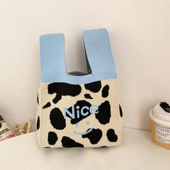 Cow Pattern Handbag Knitted Wrist Bag Flower Tote for Women
