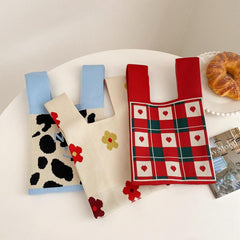 Cow Pattern Handbag Knitted Wrist Bag Flower Tote for Women