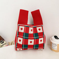 Cow Pattern Handbag Knitted Wrist Bag Flower Tote for Women