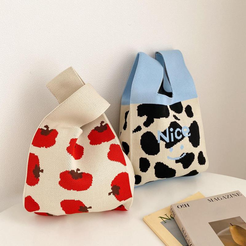 Cow Pattern Handbag Knitted Wrist Bag Flower Tote for Women