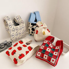 Cow Pattern Handbag Knitted Wrist Bag Flower Tote for Women
