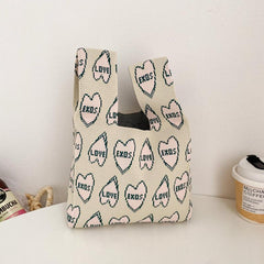Cow Pattern Handbag Knitted Wrist Bag Flower Tote for Women