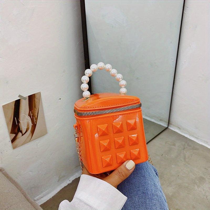 Mini Jelly Crossbody Bucket Bag with Pearl Decor Handbag