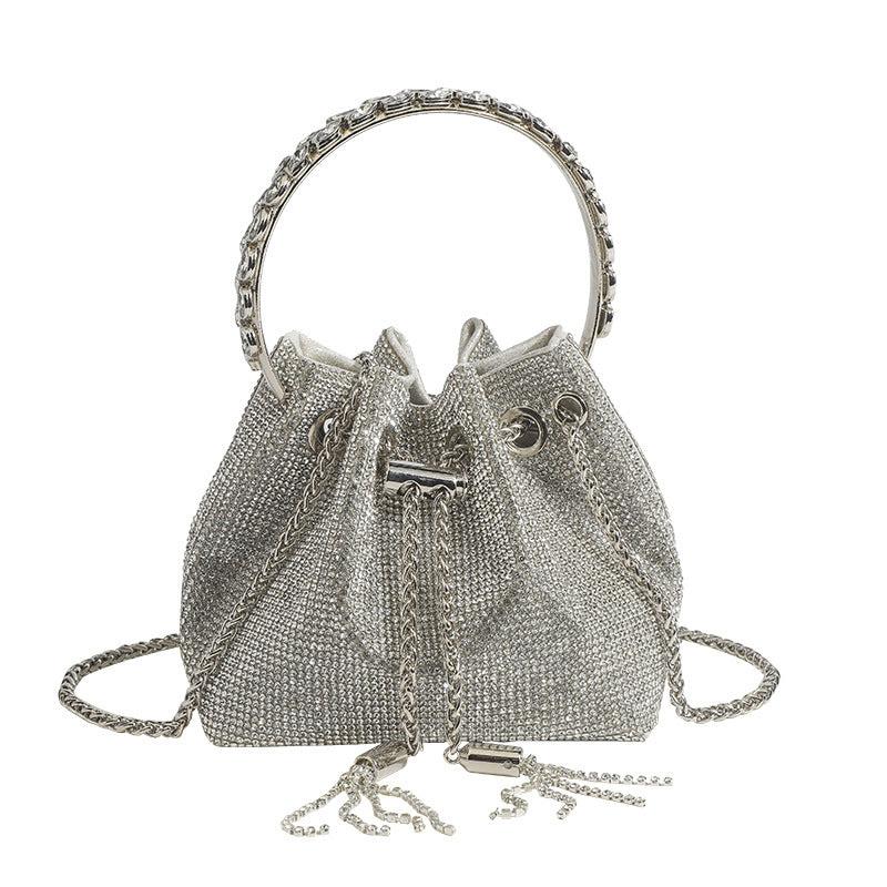 Rhinestone Decor Bucket Bag Drawstring Hand Evening Chain Shoulder Bag