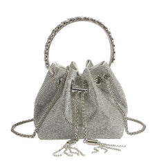 Rhinestone Decor Bucket Bag Drawstring Hand Evening Chain Shoulder Bag