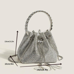 Rhinestone Decor Bucket Bag Drawstring Hand Evening Chain Shoulder Bag
