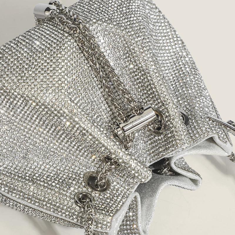 Rhinestone Decor Bucket Bag Drawstring Hand Evening Chain Shoulder Bag