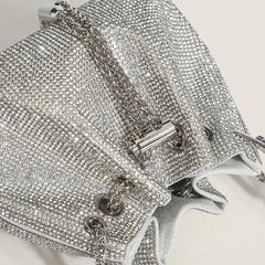 Rhinestone Decor Bucket Bag Drawstring Hand Evening Chain Shoulder Bag