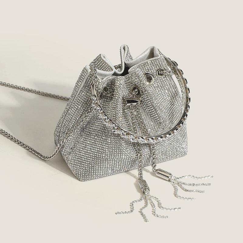 Rhinestone Decor Bucket Bag Drawstring Hand Evening Chain Shoulder Bag