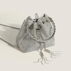 Rhinestone Decor Bucket Bag Drawstring Hand Evening Chain Shoulder Bag