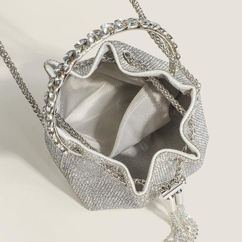 Rhinestone Decor Bucket Bag Drawstring Hand Evening Chain Shoulder Bag