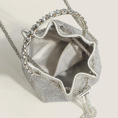 Rhinestone Decor Bucket Bag Drawstring Hand Evening Chain Shoulder Bag
