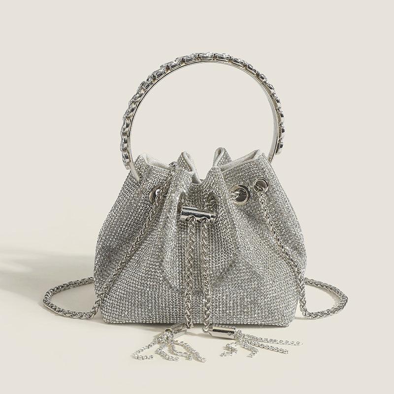Rhinestone Decor Bucket Bag Drawstring Hand Evening Chain Shoulder Bag