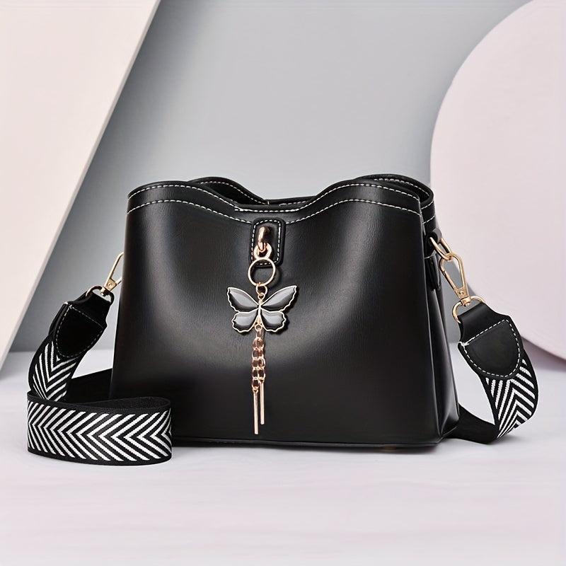 Stylish Crossbody Bag Wide Shoulder Strap Bucket Bag with Butterfly Pendant