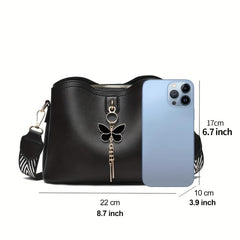 Stylish Crossbody Bag Wide Shoulder Strap Bucket Bag with Butterfly Pendant