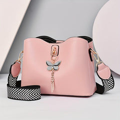 Stylish Crossbody Bag Wide Shoulder Strap Bucket Bag with Butterfly Pendant