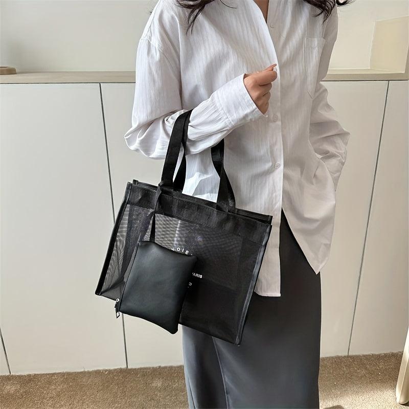 Minimalist Mesh Tote Satchel Bag Zipper Tote Bag With Purse