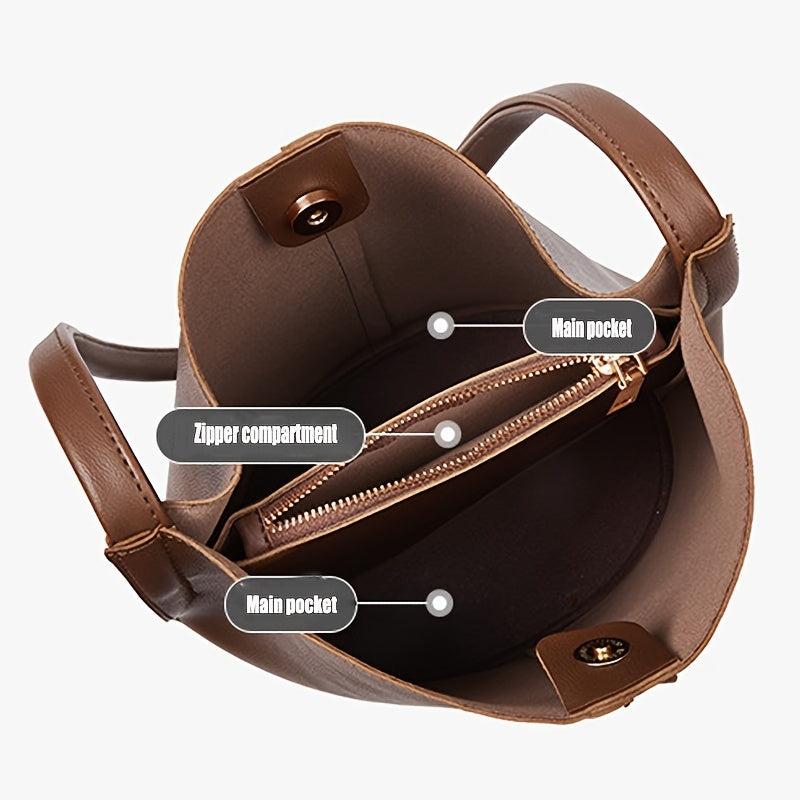 Retro Style Bucket Bag Solid Shoulder Bag Vegan Leather Crossbody Bag