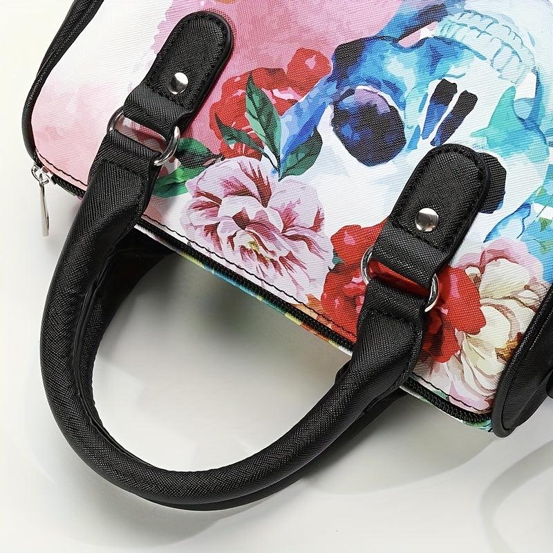 Gothic Skull & Flower Pattern Boston Bag Handbag