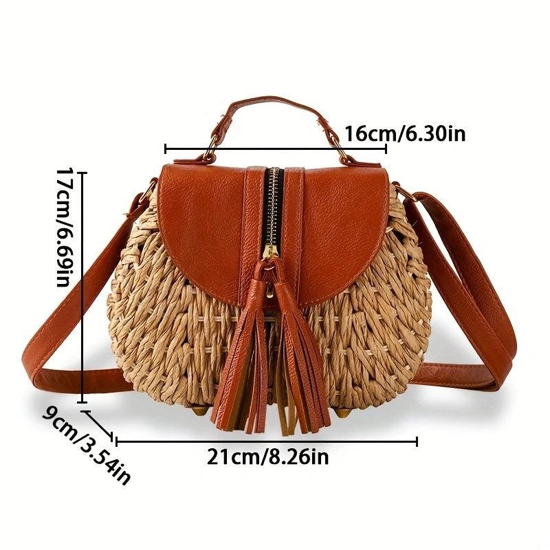 Retro Tassel Crossbody Straw Bag, Rattan Woven Beach Bag for Travel