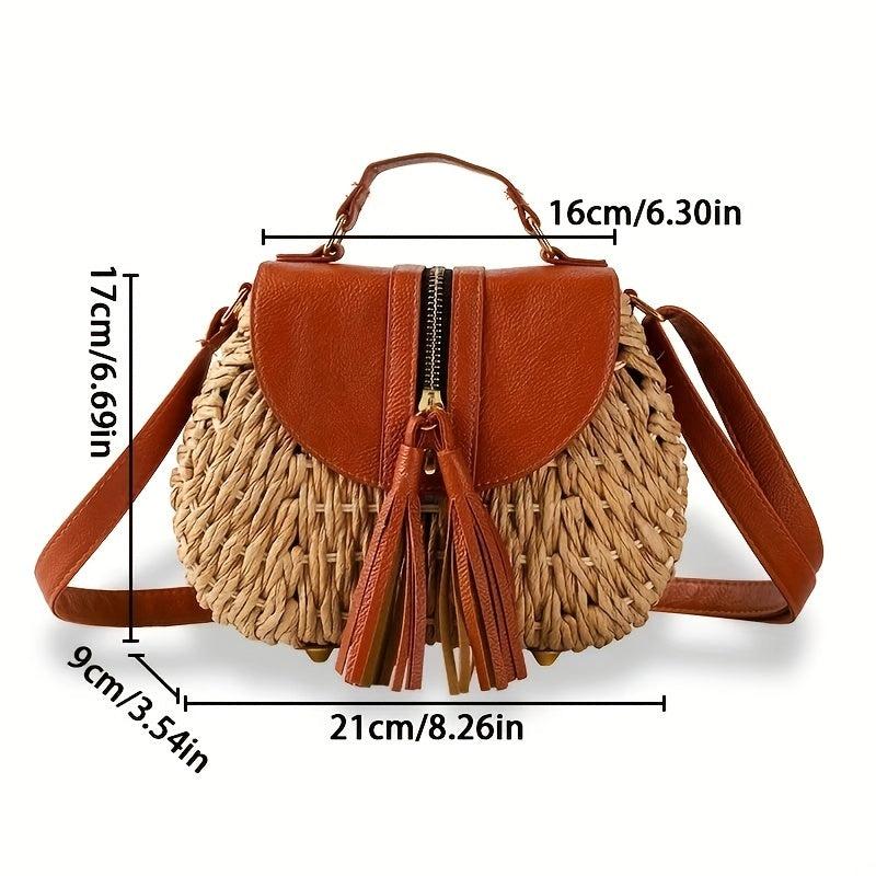 Retro Tassel Crossbody Straw Bag, Rattan Woven Beach Bag for Travel
