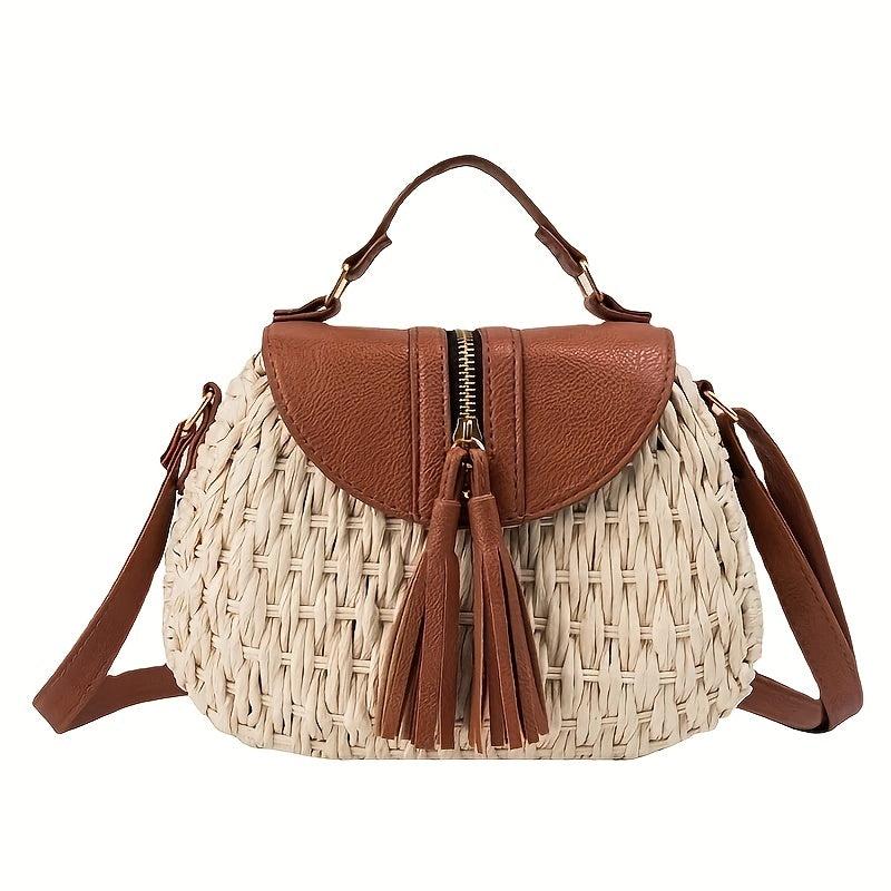 Retro Tassel Crossbody Straw Bag, Rattan Woven Beach Bag for Travel