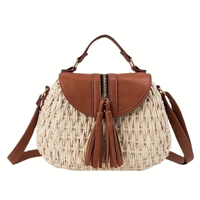 Retro Tassel Crossbody Straw Bag, Rattan Woven Beach Bag for Travel
