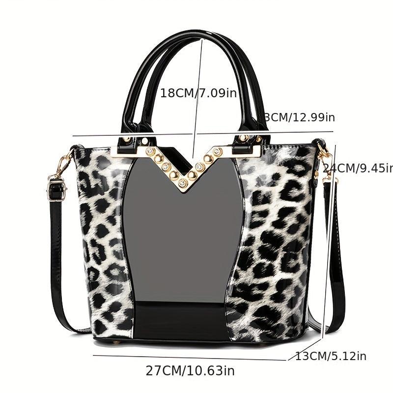 Leopard Pattern Handbag Bright PU Leather Crossbody Bag Double Handle Purse