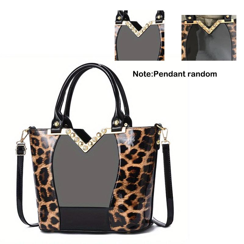 Leopard Pattern Handbag Bright PU Leather Crossbody Bag Double Handle Purse