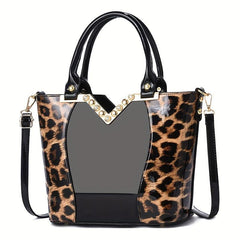 Leopard Pattern Handbag Bright PU Leather Crossbody Bag Double Handle Purse